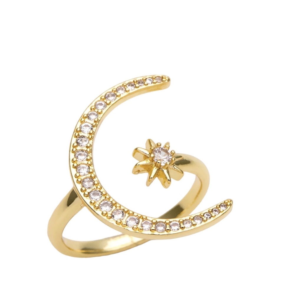 #58 Crescent Moon and Star Adjustable Ring CZ Pave 18K Gold Plated Celestial